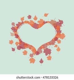 Autumn leaves frame with heart-shaped. Vector illustration.