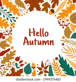 Autumn leaves frame. Hello autumn banner with red or yellow leaves, berries, acorns. Oak, maple fall foliage round border Vector background. Promo poster with colorful plants for adverts