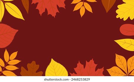 Autumn leaves frame. Horizontal banner or background decorated with multicolored leaves border. Flat vector illustration