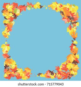 Autumn leaves frame on blue background. Vector illustration for print, textile, paper