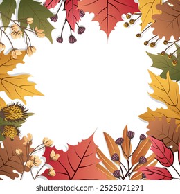 Autumn leaves frame. Orange autumn leaves vector illustration. Autumn Halloween frame with leaves on white background.