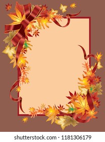 Autumn leaves in the frame with a red ribbon