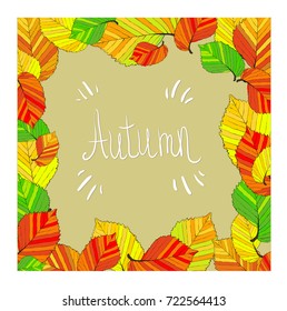 autumn leaves frame with replaceable inscription, postcard, flyer, menu, simple cartoon flat style, vector illustration for your design
