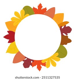 Autumn leaves frame, round shape with different kind of leaves around.Copy space.