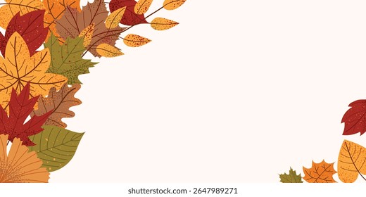 Autumn leaves frame. Seasonal botanical background with colorful fall foliage in warm tones. Decorative composition with maple, oak, chestnut and ginkgo leaves. Flat vector illustration on soft beige.