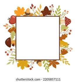 Autumn leaves frame, square shape with different kind of leaves around. Flat style. Vector illustration