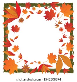 Autumn leaves frame, sycamore leaves circle and square frame. Love autumn golden and red border design.