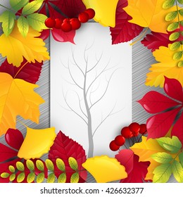 Autumn leaves frame with tree silhouette on center paper.Vector