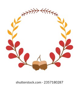 Autumn leaves frame. Autumn wreath illustration with colorful leaves and berries on white background.