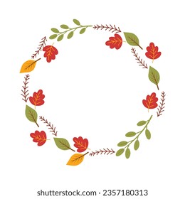 Autumn leaves frame. Autumn wreath illustration with colorful leaves and berries on white background.