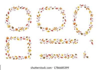 Autumn leaves frames collection. Autumnal wreath illustration with colorful leaves and berries on white background. - Vector