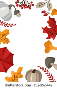 Autumn leaves, fruits, berries and pumpkins border frame background with space text. Seasonal floral maple oak tree orange leaves for Thanksgiving Day.