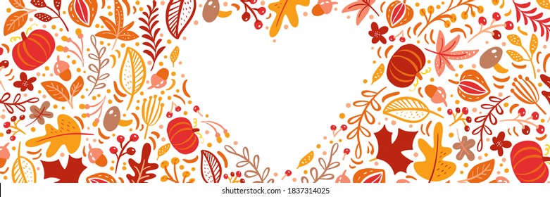 Autumn leaves, fruits, berries and pumpkins border heart frame background with space text. Seasonal floral maple oak tree orange leaves for Thanksgiving Day.