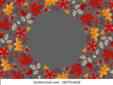 Autumn leaves, fruits, berries and pumpkins border frame background with space text. Seasonal floral maple oak tree orange leaves for Thanksgiving Day.