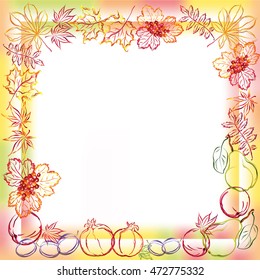 Autumn leaves and fruits. Hand drawn vector brush frame