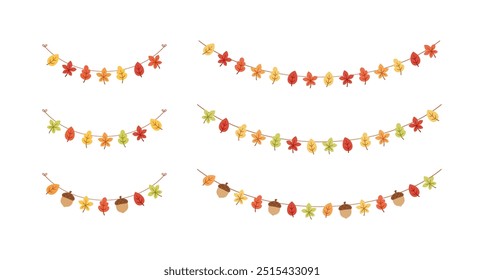 Autumn leaves garland in orange and red colors for Fall and Thanksgiving season set. Vector isolated on white background.