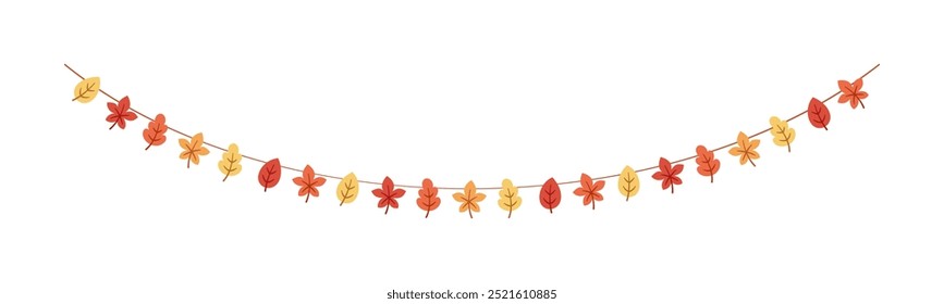 Autumn leaves garland in orange and red colors for Fall and Thanksgiving season. Vector isolated on white background.