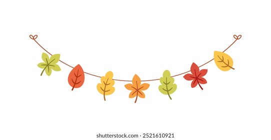 Autumn leaves garland in orange and red colors for Fall and Thanksgiving season. Vector isolated on white background.