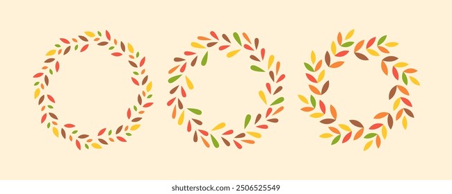 Autumn Leaves Geometric Colorful Frames Set. Round Fall Border. 