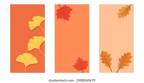 Autumn leaves with ginkgo, maple and olive leaves on orange backgrounds vector.