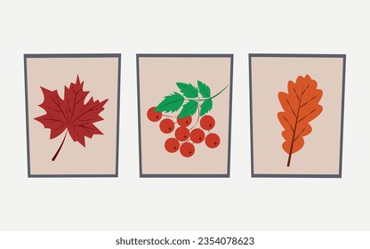 Hojas de otoño pegadas al papel y enmarcadas. Artesanía de hojas, herbario. Ilustración plana del vector