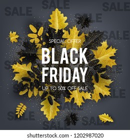 Autumn leaves gold and black with text Black Friday. Vector illustration.