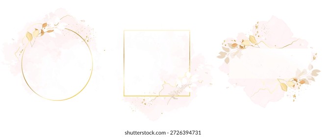 Autumn leaves and gold vector frames. Hand painted branches, leaves on white backgrounds. Greenery wedding simple minimalist invitations. Watercolor cards. All elements are isolated and editable
