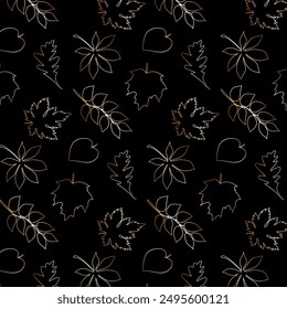 Autumn leaves with golden outline.Vector seamless pattern of contour autumn leaves on a black background.