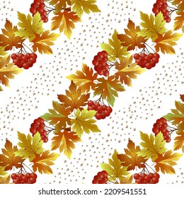 Autumn leaves with golden pollen.Vector seamless pattern with bright berries, autumn leaves and gold decor on a transparent background.
