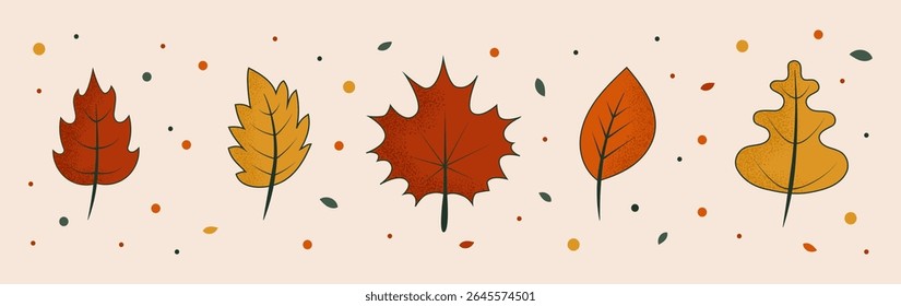 Folhas de outono, elementos de design gráfico e adesivos, desenho da flora sazonal. Folhagem caída com decorações de pontos. Ilustração vetorial.