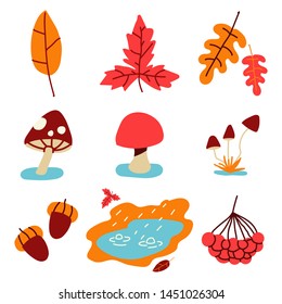 Autumn leaves, grass, mushrooms and puddle. Fall elements vector simple set isolated on white background.