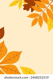 Autumn leaves greeting card. Poster or background decorated with multicolored leaves. Flat vector illustration