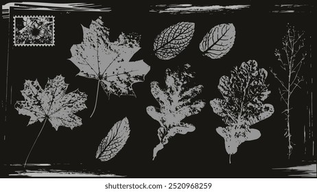 Autumn Leaves grunge with a grainy effect and stippling. Vintage y2k set with retro negative photocopy effect. Vector stock illustration