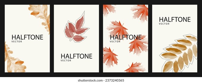 El otoño deja los afiches de color a medio tono. Modernas plantillas de banners verticales retro del día de Acción de Gracias con formas de revista recortadas, ideal para la venta estacional, tarjeta. Ilustración del vector