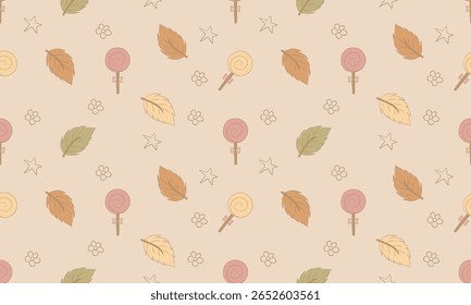 Autumn Leaves and Halloween Candies Seamless Pattern in Beige