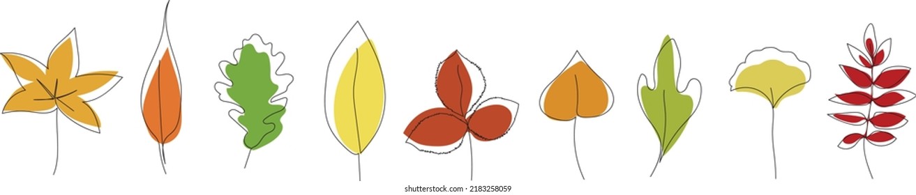 Autumn leaves hand drawn design Minimalism art. One line design leaves with colored elements. Vector hand drawn illustration.