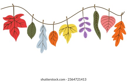 Autumn leaves hanging on the rope attached with clothespin. Vector illustration isolated on white background.