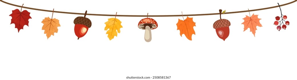 Autumn leaves hanging on a string.Garland with a leaves,mushrooms,acorns,berries.Autumn leaf border.Autumn leaves border frame.Autumn leaves seamless border.Horizontal border with colorful leaves.