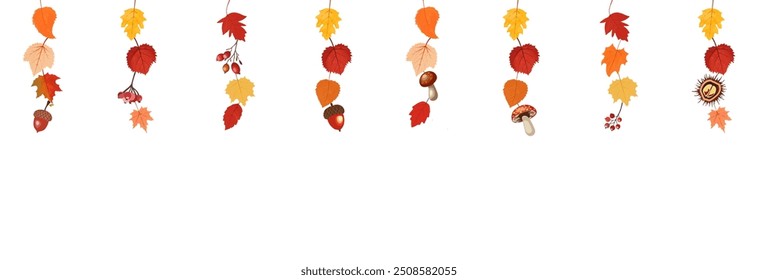  Folhas de outono penduradas em uma corda.Garland com uma folhas,cogumelos,bolotas,borra.Autumn folha borda.Autumn folhas borda quadro.Autumn folhas borda sem costura borda.Borda horizontal com folhas coloridas.