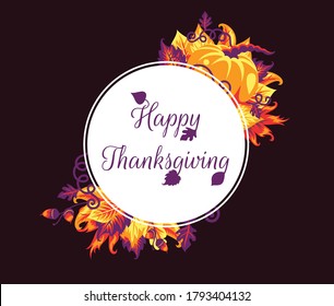 Autumn leaves and Happy thanksgiving text on the white circle. Dark purple background.