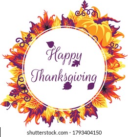 Autumn leaves and Happy thanksgiving text on the white circle. Isolated on white.