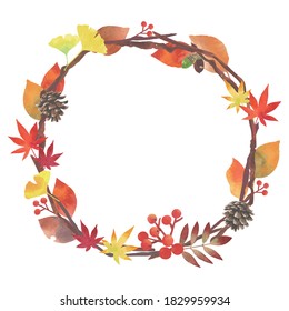 Autumn leaves, autumn harvest decorations. Natural lease frame . Watercolor, circle