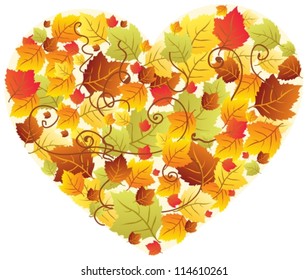 Autumn leaves in the heart frame, beautiful illustration, vector