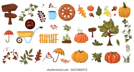 Hojas de otoño. Hola, otoño. Diseño de estilo plano. Conjunto de iconos planos de otoño. Vacaciones de otoño. Estilo de vida saludable. Ilustración vectorial.