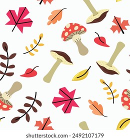 Autumn leaves, herbs and mushrooms seamless vector pattern background