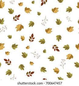 Autumn leaves and herbs seamless pattern. Hand drawn vector seasonal illustration. Wrapping paper.