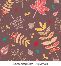 Autumn leaves illustrated pattern with red-brownish background.