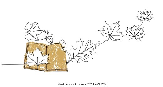 Autumn Leaves Isolated Line Art Vector.Vintage Book Fall Mood. Autumnal Line Art.Maple Leaves. Autumn Background.Oak Leaves Line Art.Continuous Line.Isolated Vector.Winter Aesthetics.mental Wellness 