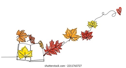 Autumn Leaves Isolated Line Art Vector.Vintage Book Fall Mood. Autumnal Line Art.Maple Leaves. Autumn Background.Oak Leaves Line Art.Continuous Line.Isolated Vector.Winter Aesthetics.mental Wellness 