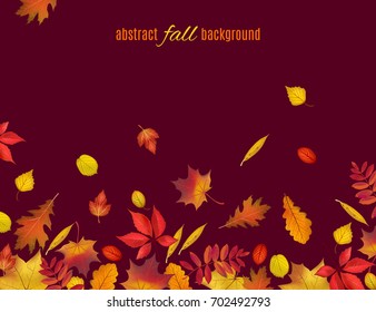 Autumn leaves isolated on brown background. Abstract fall background for your greeting cards design or website. Vector illustration.